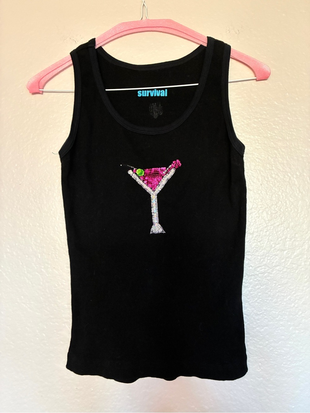 VTG Y2K Survival Black Sequin Cocktail Tank Top 2000s Pink Hibiscus Green Fun